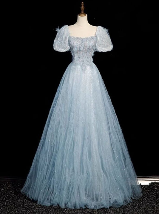 Princessful A Line Square Pale Blue Tulle Sequins Puff Sleeve Beading Long Prom Dress,Evening Dress GG703