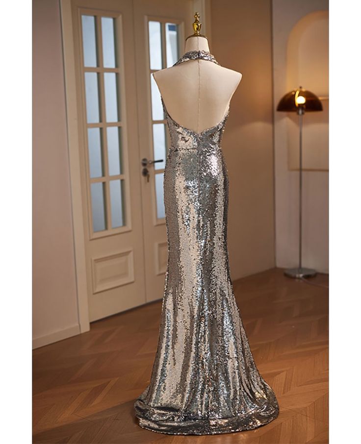 Glitter Mermaid Halter Silver Sequins Pleats Long Prom Dress,Evening Dress GG717