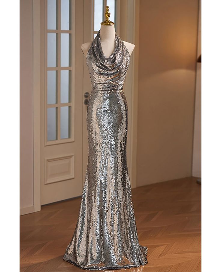 Glitter Mermaid Halter Silver Sequins Pleats Long Prom Dress,Evening Dress GG717