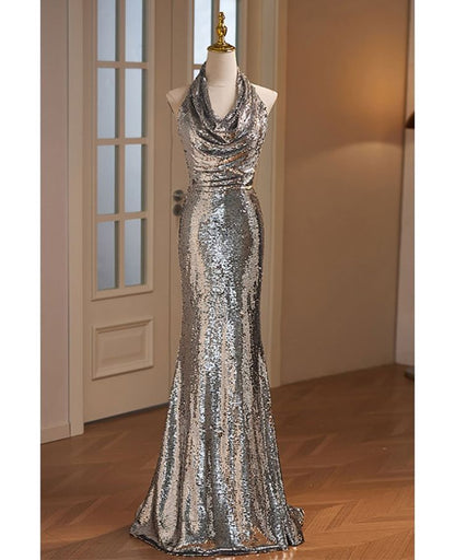Glitter Mermaid Halter Silver Sequins Pleats Long Prom Dress,Evening Dress GG717