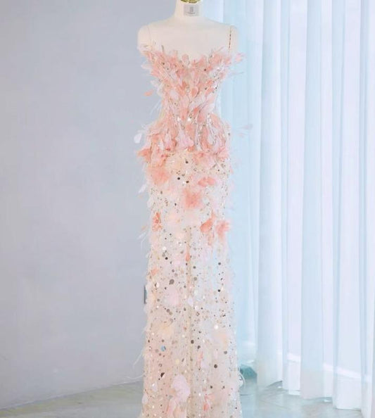 Delicate A Line Strapless Tulle Sequin Long Prom Dress,Evening Dress GG720