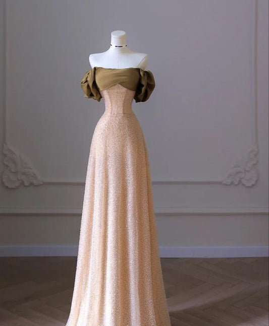 Elegant A Line Off The Shoulder Champagne Tulle Beaded Long Prom Dress,Evening Dress GG722