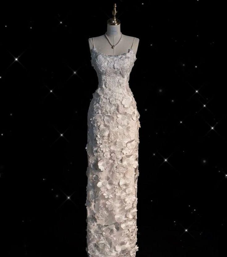 Delicate A Line Spaghetti Straps White Satin Applique Long Prom Dress,Evening Dress GG724