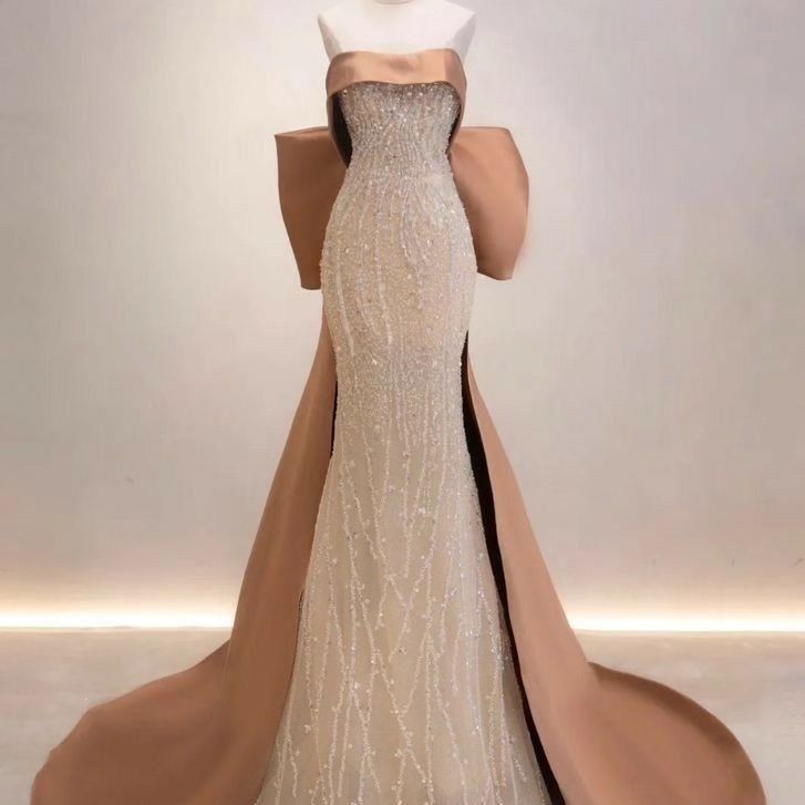 Elegant Mermaid Strapless Brown Satin Beaded Back Bow Long Prom Dress,Evening Dress GG725