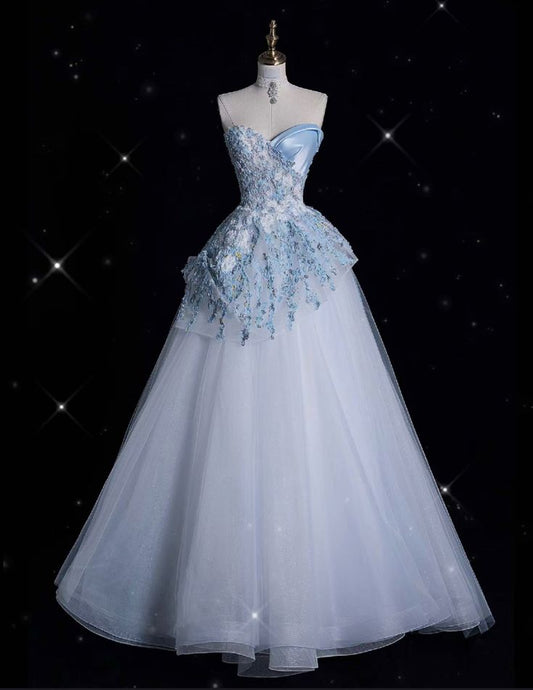 Delicate A Line Strapless Pale Blue Tulle Applique Long Prom Dress,Evening Dress GG727