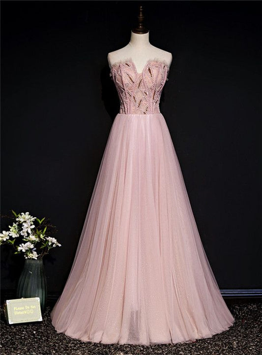 Elegant A Line Strapless Pink Tulle Beaded Long Prom Dress,Evening Dress GG728