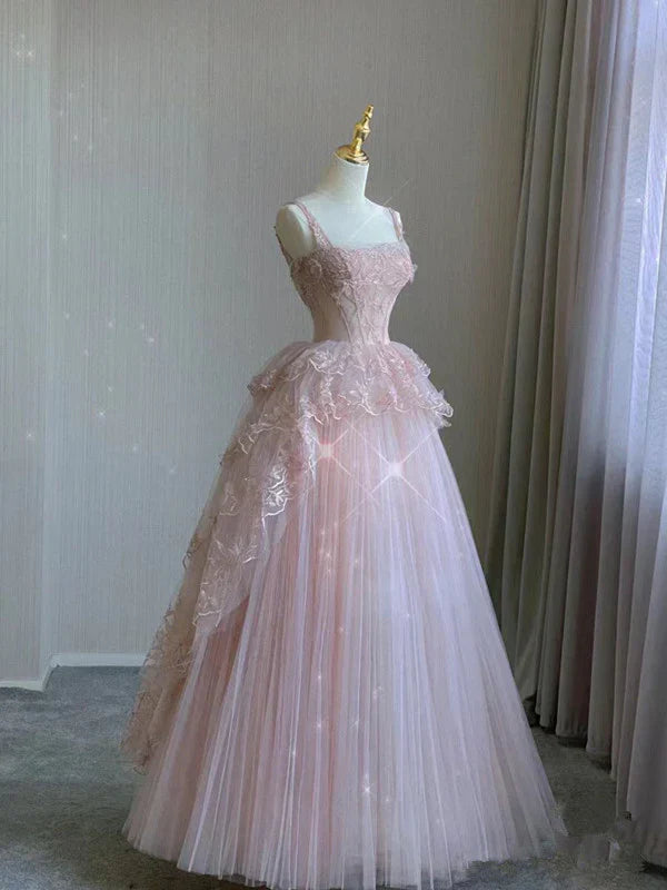 Charming Ball Gown Square Pink Lace Applique Tulle Long Prom Dress,Evening Dress GG729