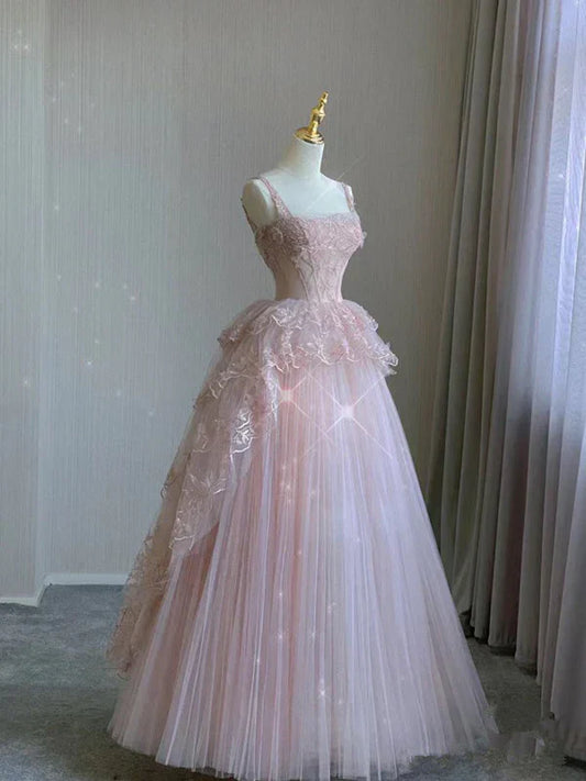 Charming Ball Gown Square Pink Lace Applique Tulle Long Prom Dress,Evening Dress GG729