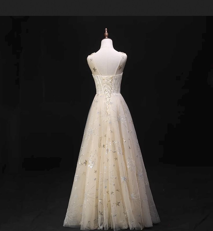 Fashion A Line Sheer Crew Neck Light Champagne Tulle Printing Long Prom Dress,Evening Dress GG731