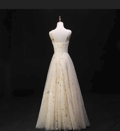 Fashion A Line Sheer Crew Neck Light Champagne Tulle Printing Long Prom Dress,Evening Dress GG731