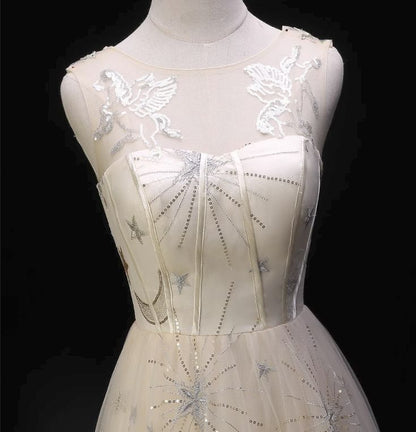 Fashion A Line Sheer Crew Neck Light Champagne Tulle Printing Long Prom Dress,Evening Dress GG731