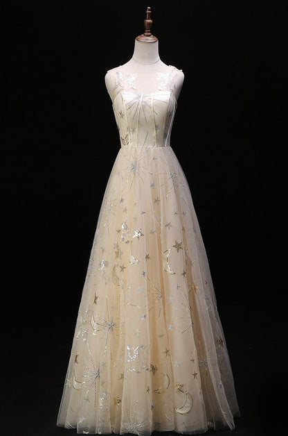 Fashion A Line Sheer Crew Neck Light Champagne Tulle Printing Long Prom Dress,Evening Dress GG731