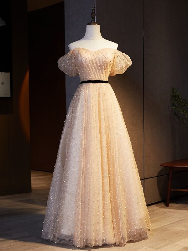 Graceful A Line Off The Shoulder Champagne Tulle Pearls Long Prom Dress,Evening Dress GG732