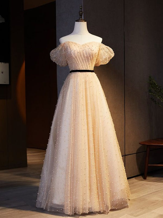 Graceful A Line Off The Shoulder Champagne Tulle Pearls Long Prom Dress,Evening Dress GG732