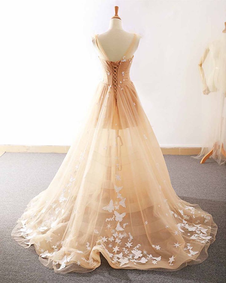 Pretty A Line Sheer Straps Pastel Orange Tulle Lace Applique Long Prom Dress,Evening Dress GG733