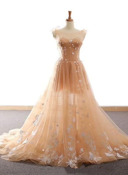 Pretty A Line Sheer Straps Pastel Orange Tulle Lace Applique Long Prom Dress,Evening Dress GG733