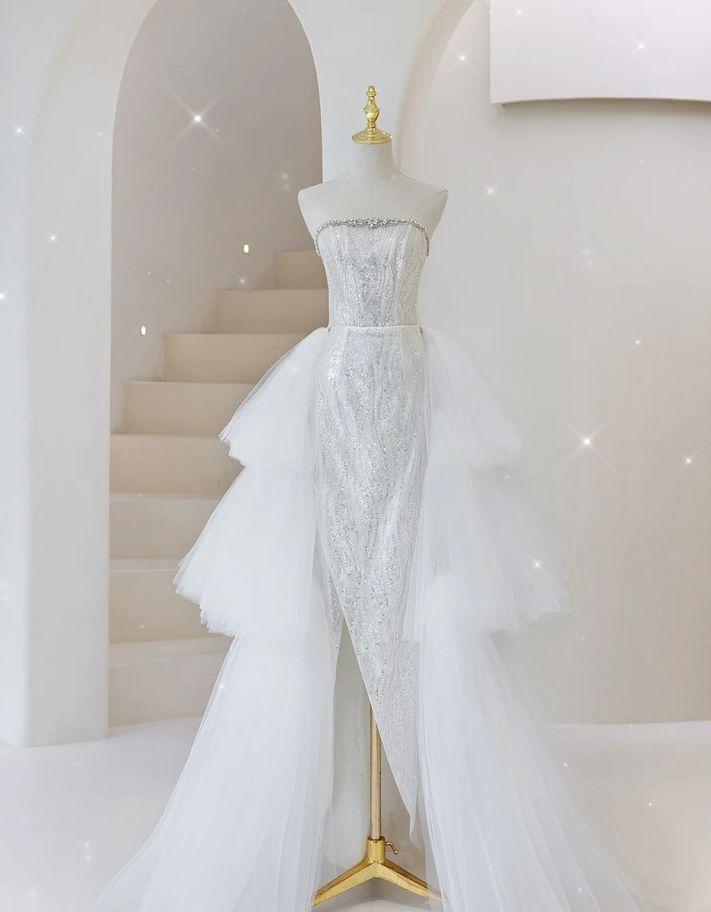 Shiny A Line Strapless White Tulle Beaded Slit Long Prom Dress,Evening Dress GG734