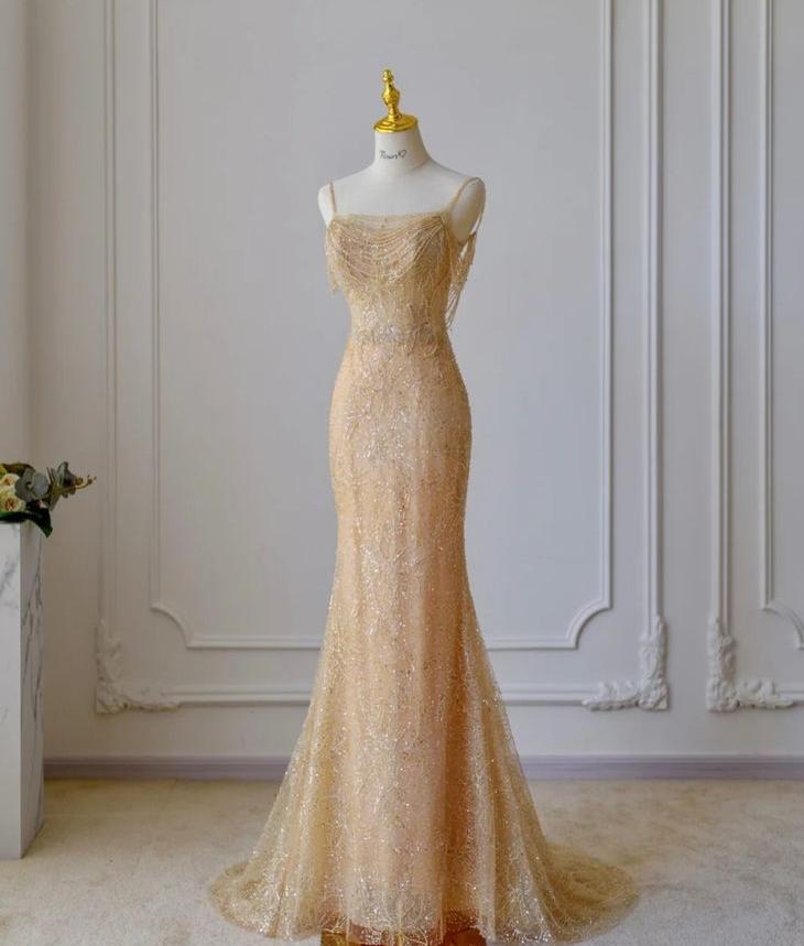 Glam Mermaid Spaghetti Straps Gold Tulle Beading Long Prom Dress,Evening Dress GG735