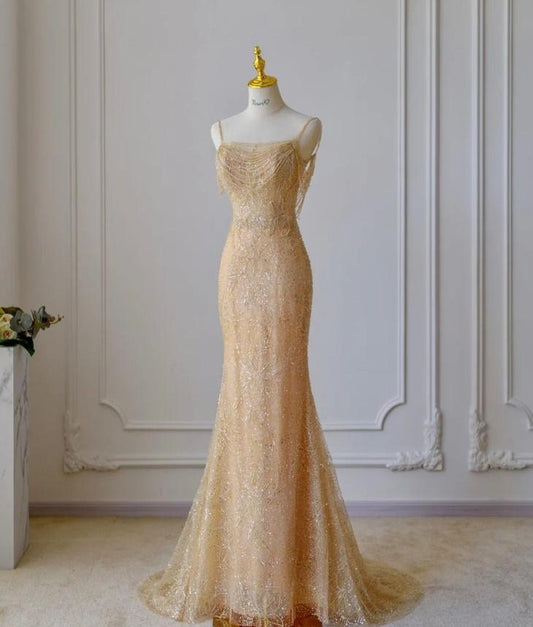 Glam Mermaid Spaghetti Straps Gold Tulle Beading Long Prom Dress,Evening Dress GG735