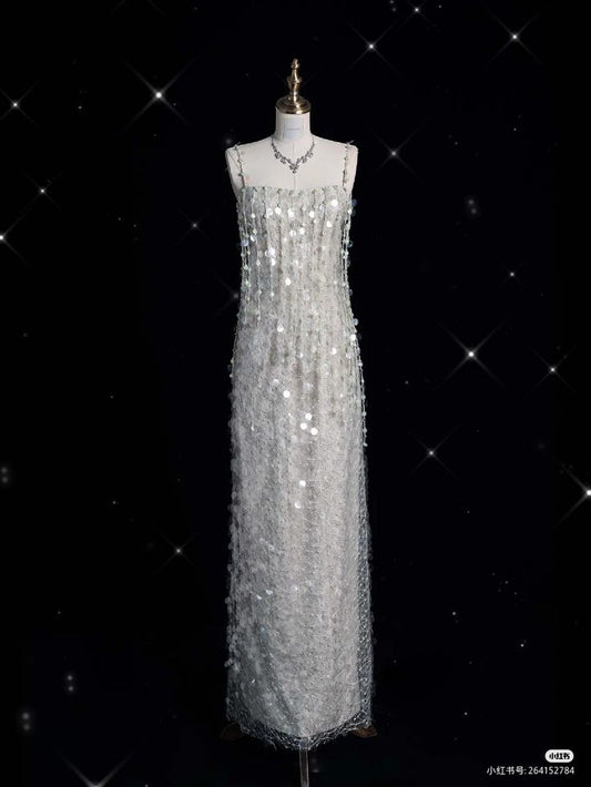 Glitter A Line Spaghetti Straps Gray Tulle Sequin Long Prom Dress,Evening Dress GG736