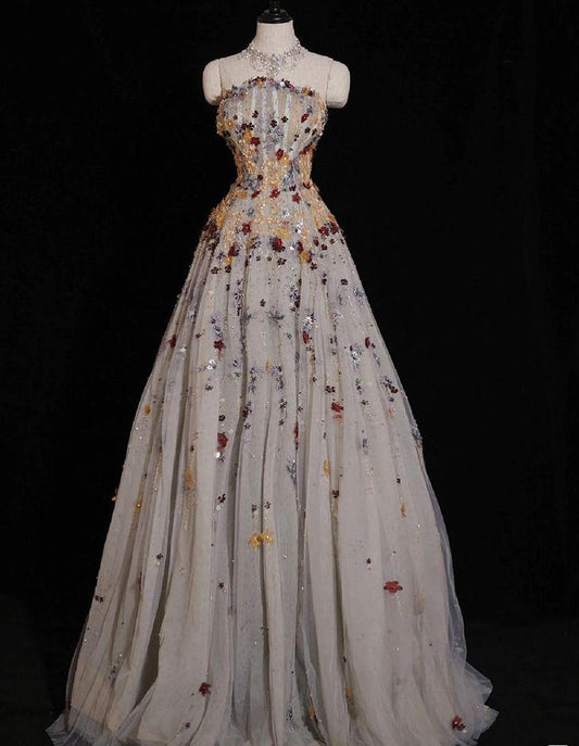 Graceful A Line Strapless Tulle Sequin Applique Long Prom Dress,Evening Dress GG737