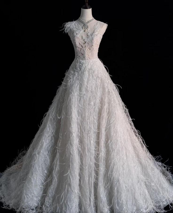 Gorgeous A Line V Neck White Lace Applique Feather Long Prom Dress,Evening Dress GG739