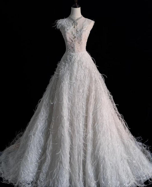 Gorgeous A Line V Neck White Lace Applique Feather Long Prom Dress,Evening Dress GG739