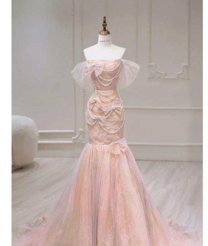 Pretty Mermaid Off The Shoulder Soft Pink Tulle Bow Long Prom Dress,Evening Dress GG741