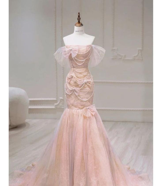 Pretty Mermaid Off The Shoulder Soft Pink Tulle Bow Long Prom Dress,Evening Dress GG741