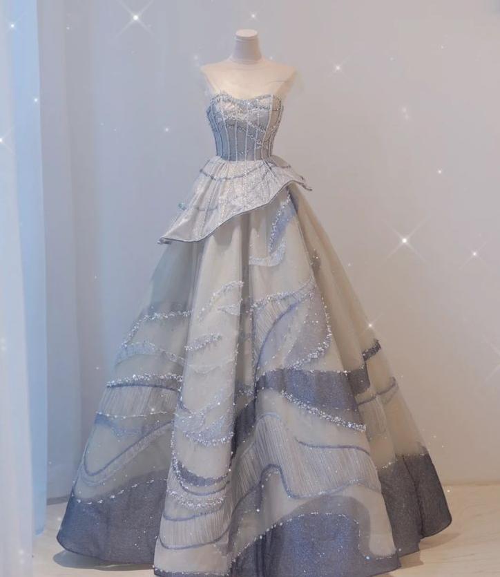 Chic Ball Gown Strapless Satin Beaded Long Prom Dress,Evening Dress GG742