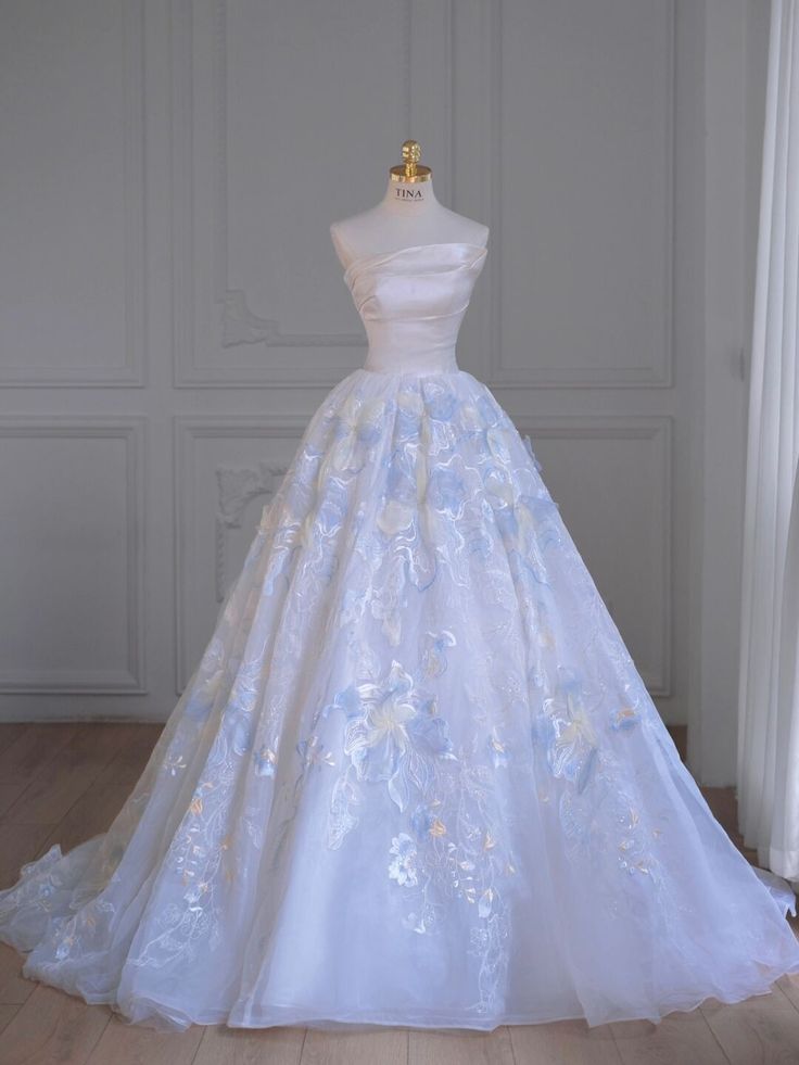 Pretty Ball Gown Strapless White Satin Printing Tulle Long Prom Dress,Evening Dress GG743