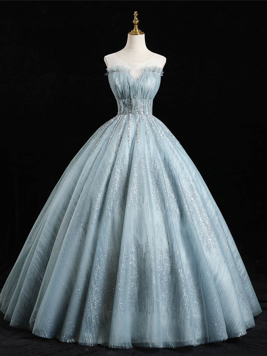 Elegant Ball Gown Sheer Straps Tulle Light Blue Sequin Long Prom Dress,Evening Dress GG745