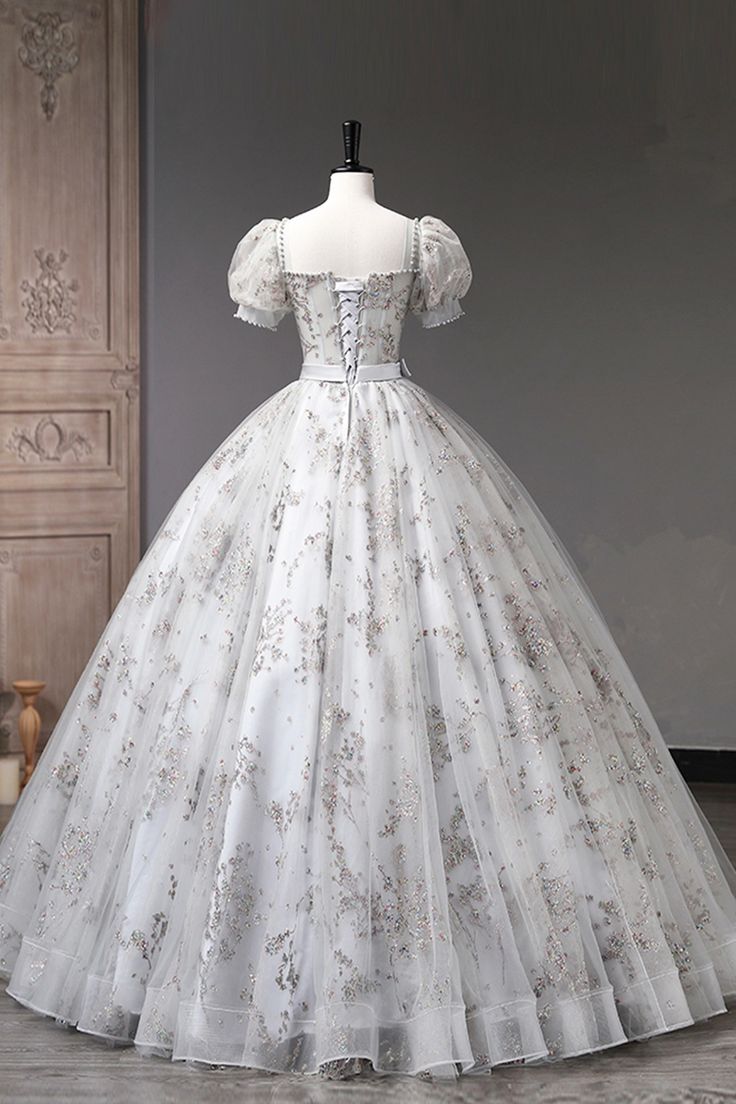 Glam Ball Gown Sweetheart Gray Tulle Sequin Short Puff Sleeves Long Prom Dress,Evening Dress GG746