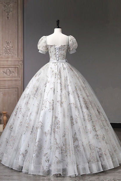 Glam Ball Gown Sweetheart Gray Tulle Sequin Short Puff Sleeves Long Prom Dress,Evening Dress GG746