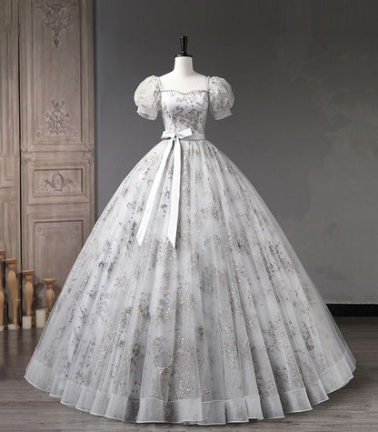 Glam Ball Gown Sweetheart Gray Tulle Sequin Short Puff Sleeves Long Prom Dress,Evening Dress GG746