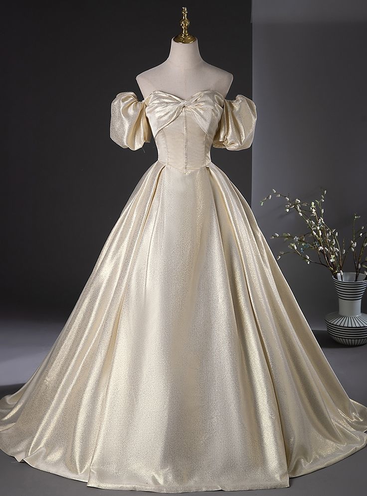 Gorgeous Ball Gown Off The Shoulder Gold Satin Pleats Long Prom Dress,Evening Dress GG747