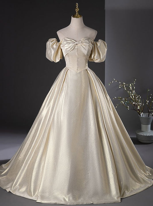 Gorgeous Ball Gown Off The Shoulder Gold Satin Pleats Long Prom Dress,Evening Dress GG747