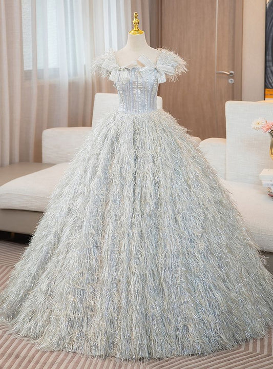 Princessful Ball Gown Off The Shoulder Satin Feather Long Prom Dress,Evening Dress GG748