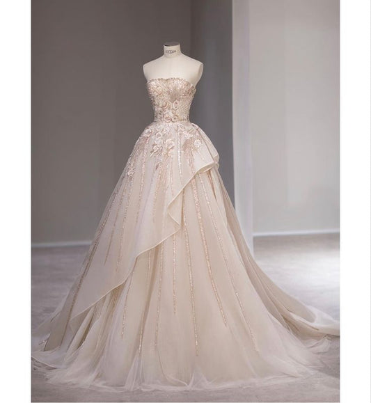 Gorgeous A Line Strapless Cahmpagne Tulle Embroidery Long Prom Dress,Evening Dress GG749