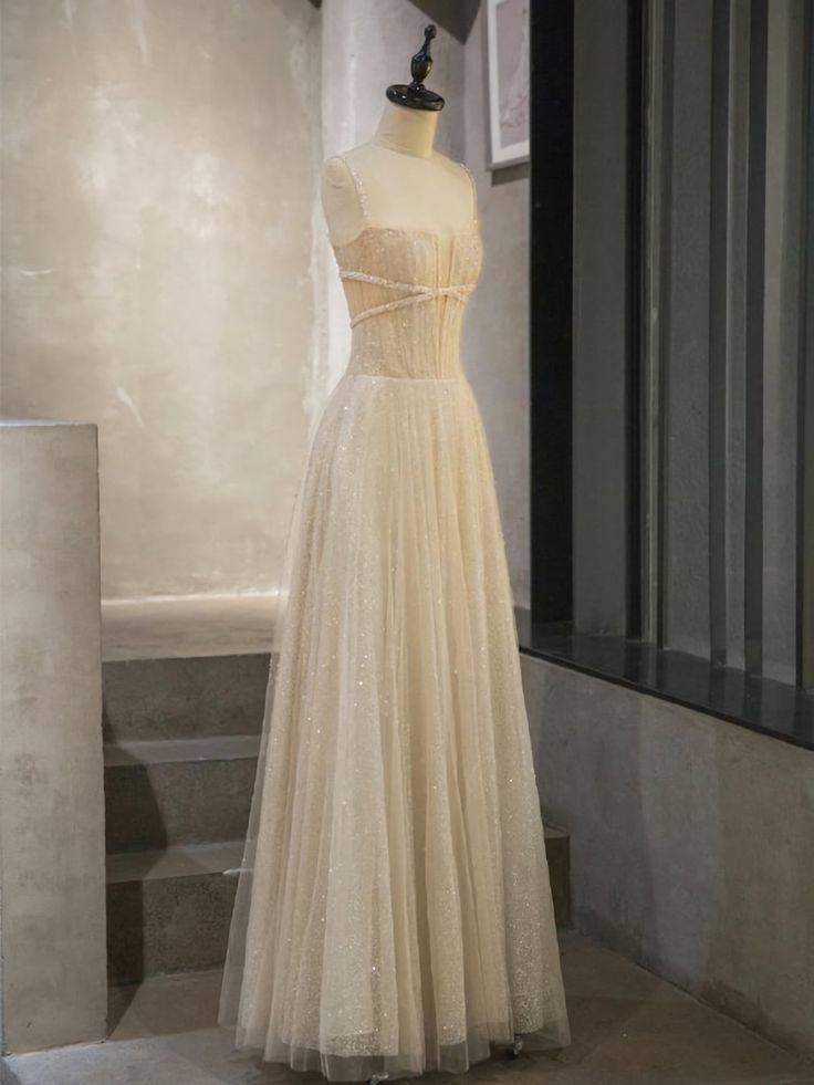 Glam A Line Spaghetti Straps Tulle Sequin Long Prom Dress,Evening Dress GG751