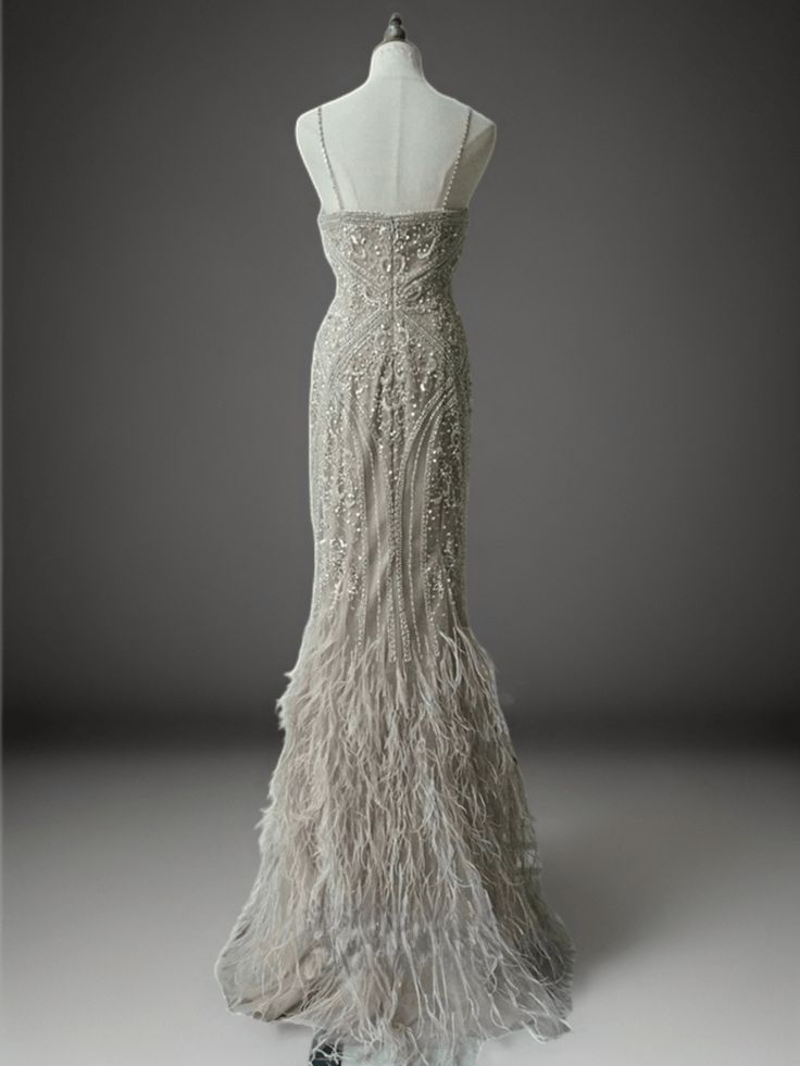 Elegant Mermaid Spaghetti Straps Tulle Embroidery With Feather Hem Long Prom Dress,Evening Dress GG752