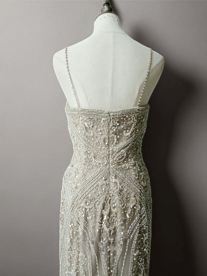 Elegant Mermaid Spaghetti Straps Tulle Embroidery With Feather Hem Long Prom Dress,Evening Dress GG752