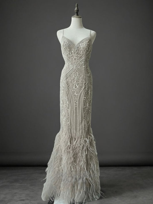 Elegant Mermaid Spaghetti Straps Tulle Embroidery With Feather Hem Long Prom Dress,Evening Dress GG752