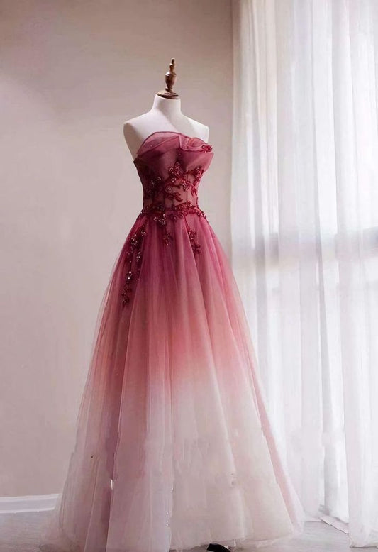 Pretty A Line Strapless Red Graident Tulle Beaded Long Prom Dress,Evening Dress GG754