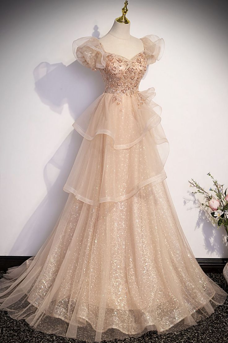 Cute A Line Sweetheart Tulle Beaded Short Puff Sleeve Long Prom Dress,Evening Dress GG758