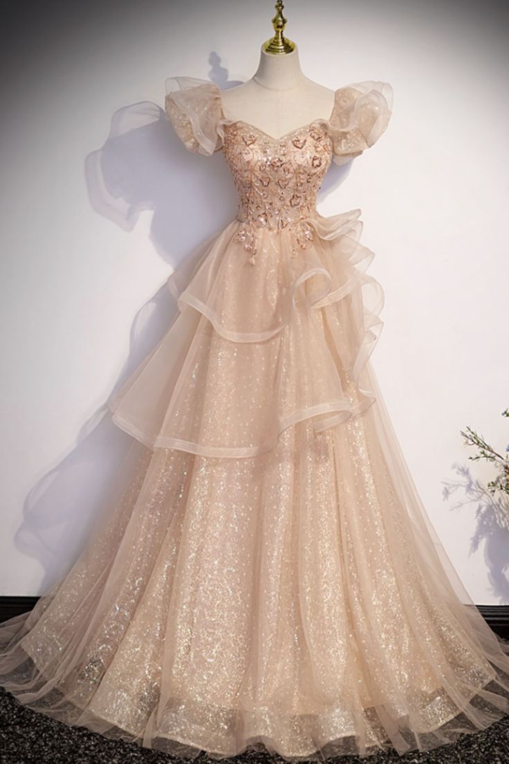 Cute A Line Sweetheart Tulle Beaded Short Puff Sleeve Long Prom Dress,Evening Dress GG758