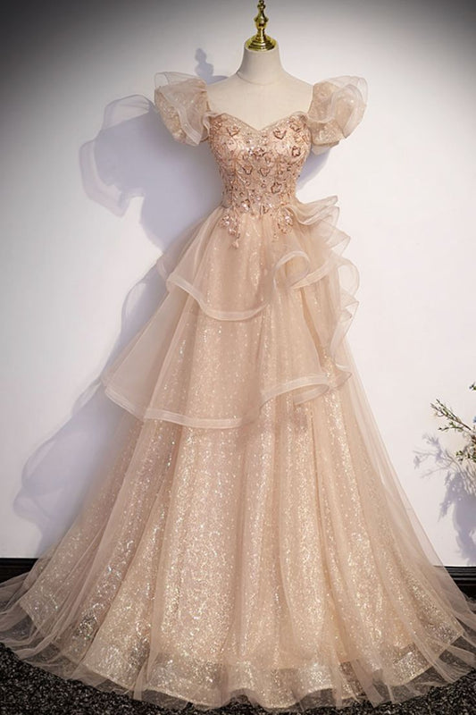 Cute A Line Sweetheart Tulle Beaded Short Puff Sleeve Long Prom Dress,Evening Dress GG758