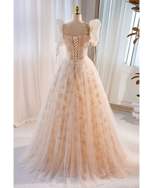 Beautiful A Line Sweetheart Champagne Tulle Short Puff Sleeve Long Prom Dress,Evening Dress GG760