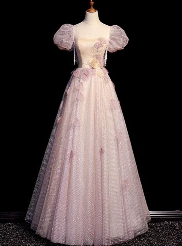 Graceful A Line Sweetheart Applique Tulle Short Puff Sleeve Long Prom Dress,Evening Dress GG761