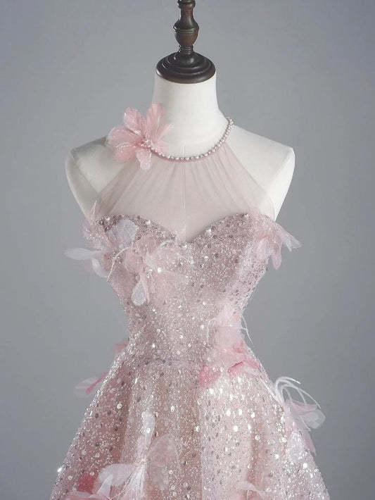 Shiny A Line Halter Pink Tulle Beaded Sequin Long Prom Dress,Evening Dress GG765